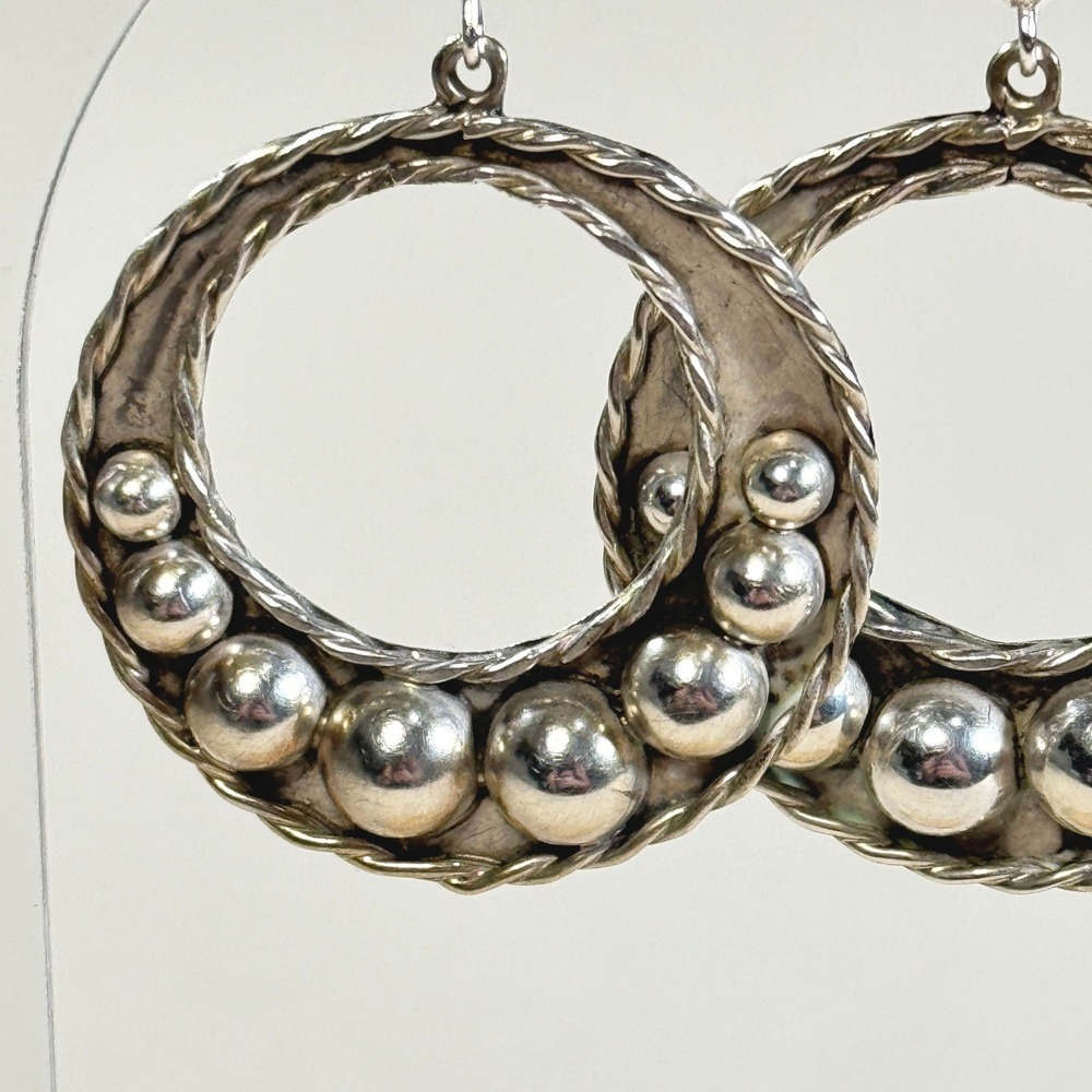 Vintage Taxco Mexico 925 Sterling Silver Beaded Hoop Drop Earrings Boho **READ** - Picture 2 of 16